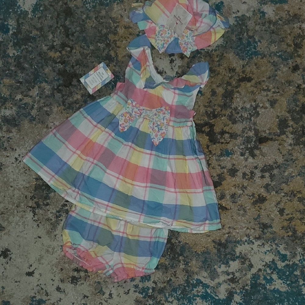 Colorful Plaid Baby Dress Setnew Tommy Bahamas Plaid 3 Pc  Dress Bloomers & Hat